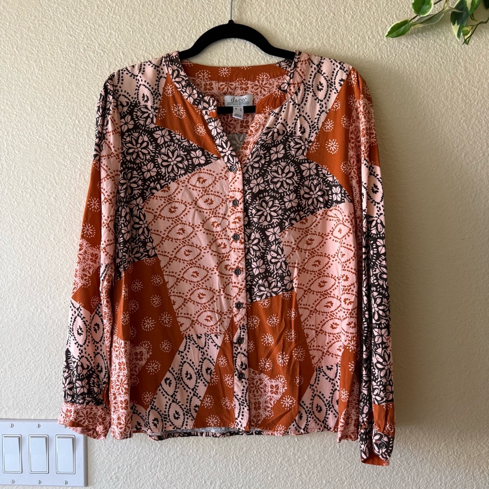 Denim & Co Canyon Retreat Patchwork Print Button-Front Blouse